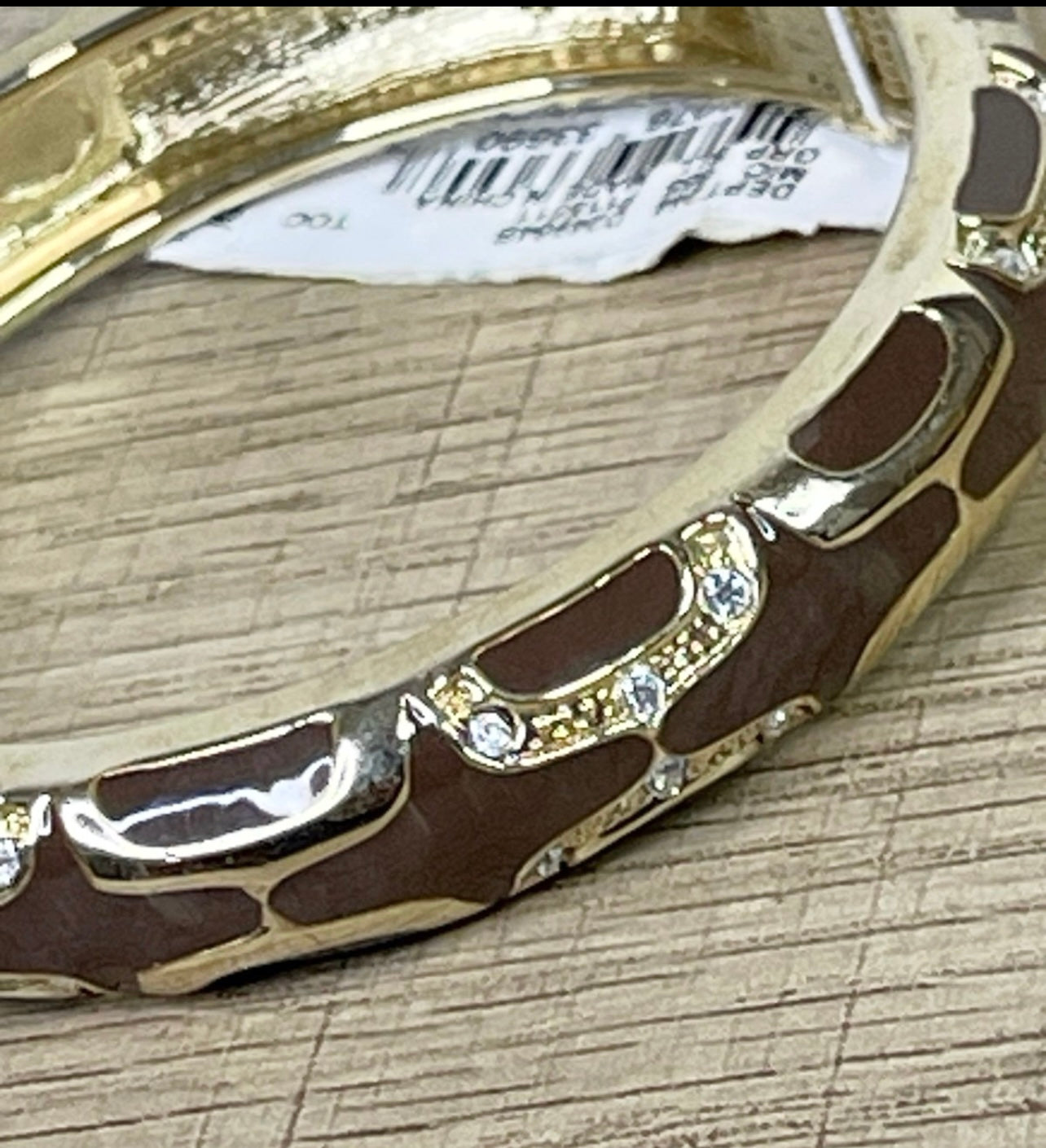 Gold Tone Chocolate Enamel with Clear Rhinestone Hinged Bangle Bracelet