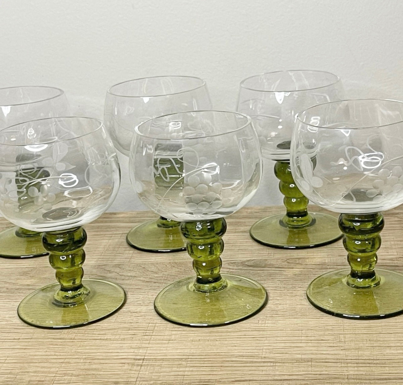 6 pc Vintage ROEMER Cordial Crystal Olive Green Stem Glasses