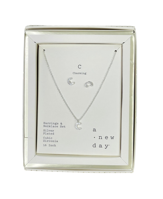 A New Day Charming Letter C Silver Plated Necklace and Earrings Set