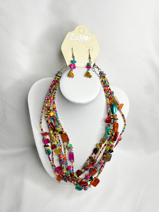 EsMor Multi Colored Beaded Necklace and Earring Set