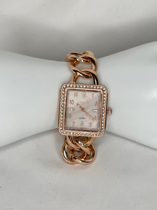 Kessaris Rose Gold Tone Rhinestone Chunky Chain link Watch