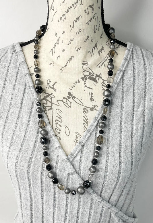 Long Gray and Black Beaded Necklace