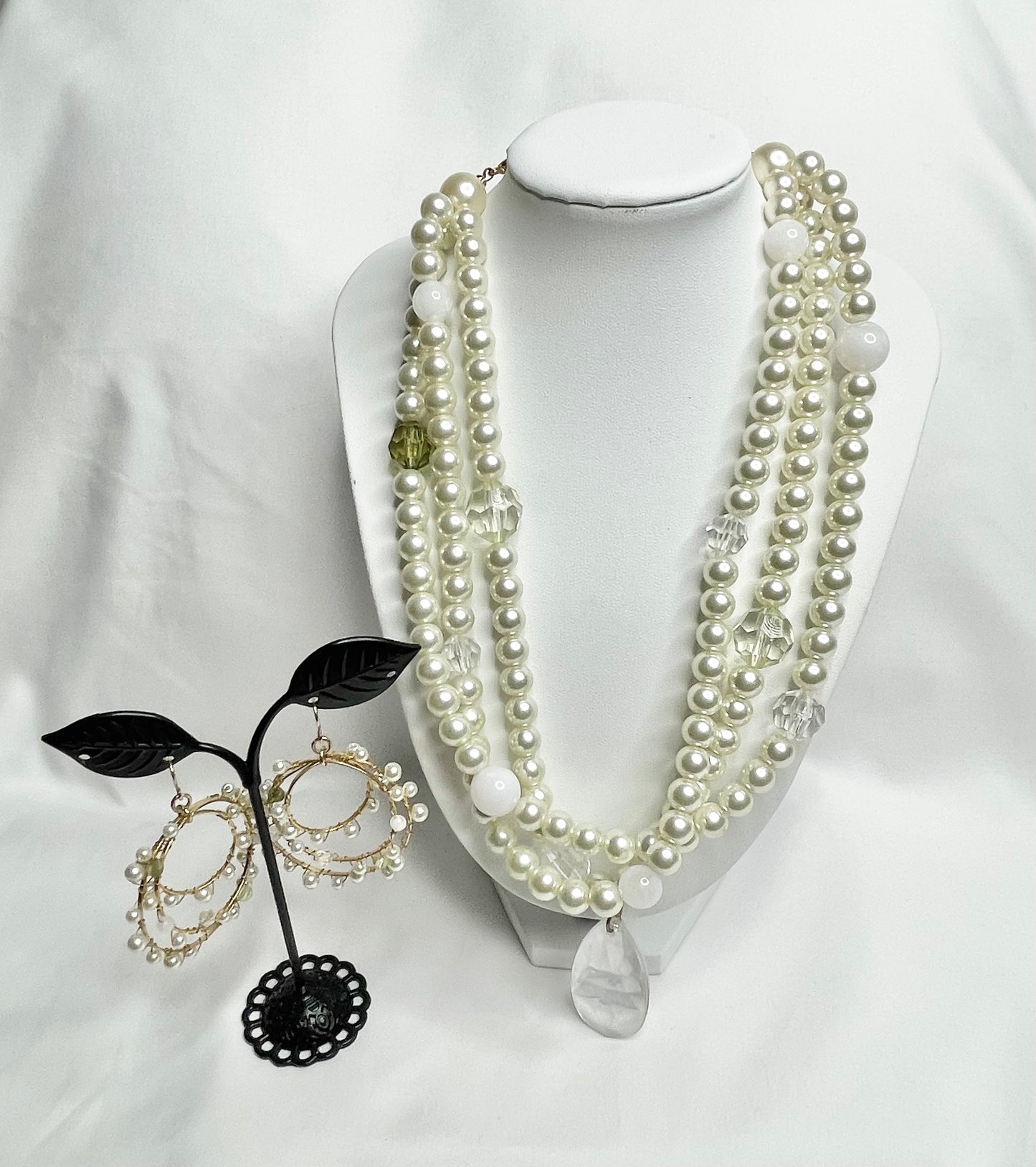 Vintage Faux Pearl And Green Beaded Necklace And Earring Set