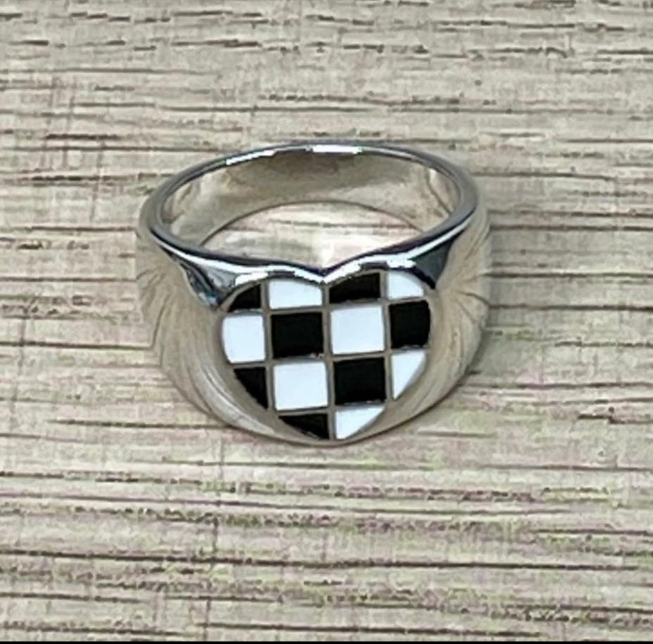 Silver Tone Black and White Checkered Heart Ring
