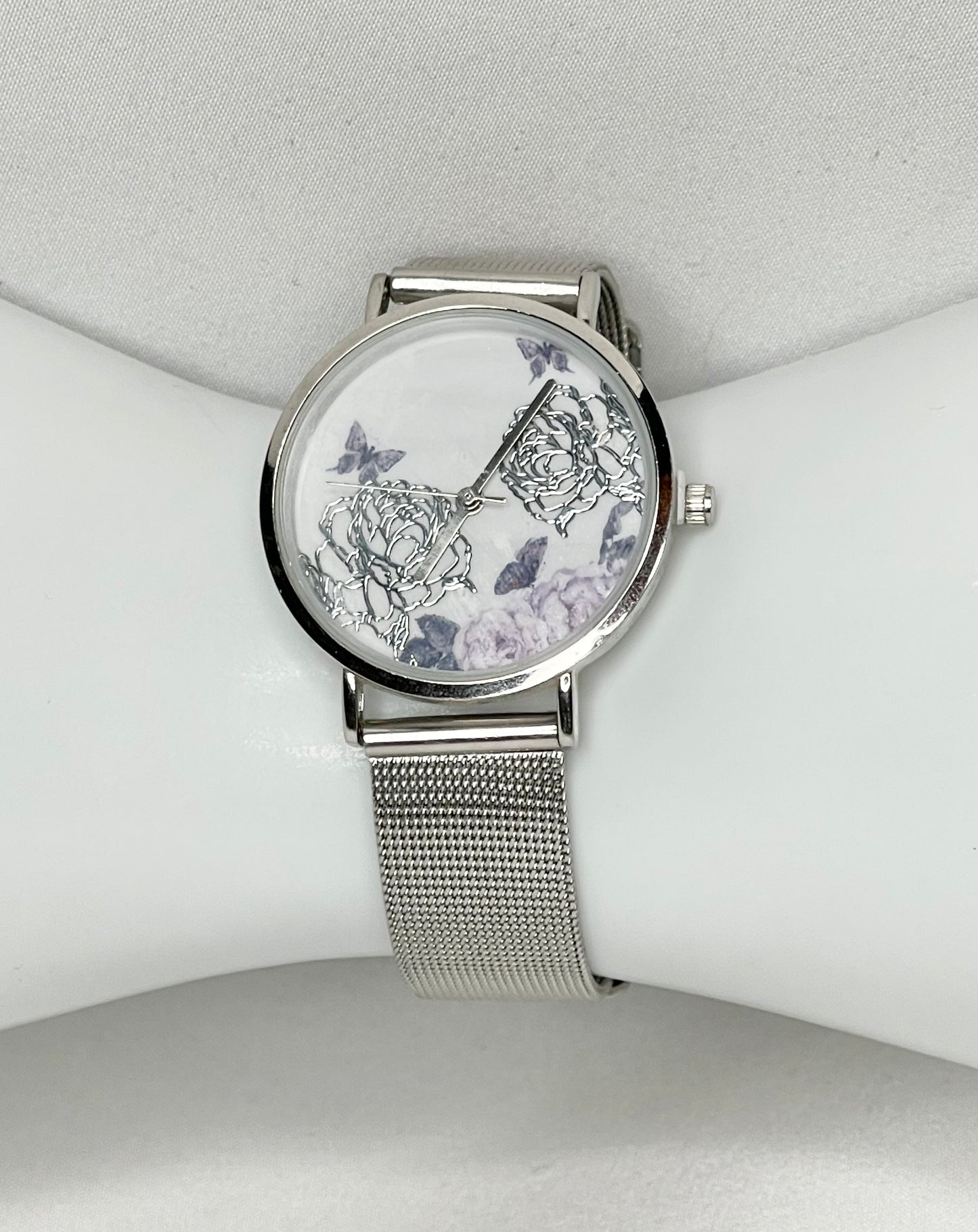 Womens Butterfly and Flower Silver Tone Watch