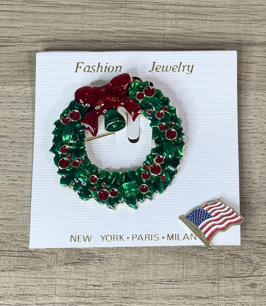 NWT Christmas Wreath Brooch with bonus American Flag Pin